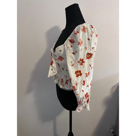 NWT Zara Linen Blend Floral Print Ruched Cream Print Blouse xs - Picture 5 of 12